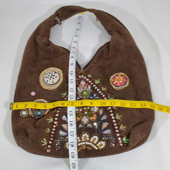 Dark Brown Suede Fuzzy Suede Leather Shoulder Handbag Hobo Boho Hippy Chic Zip - Picture 8 of 16